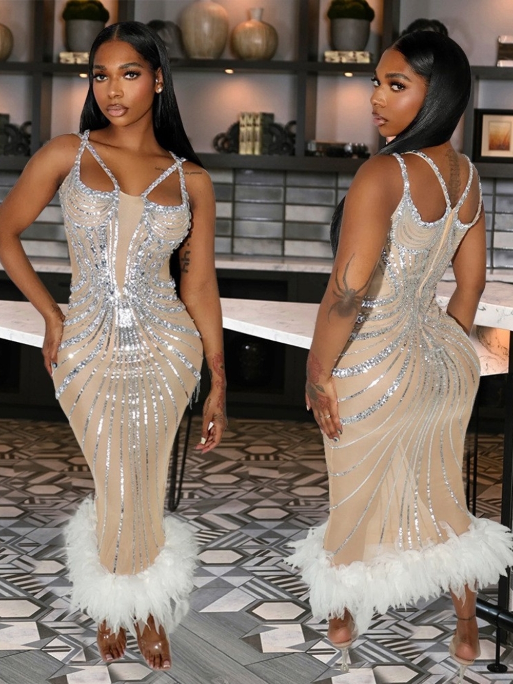 Elegant Beige Sequin Feather-Hem Evening Dress